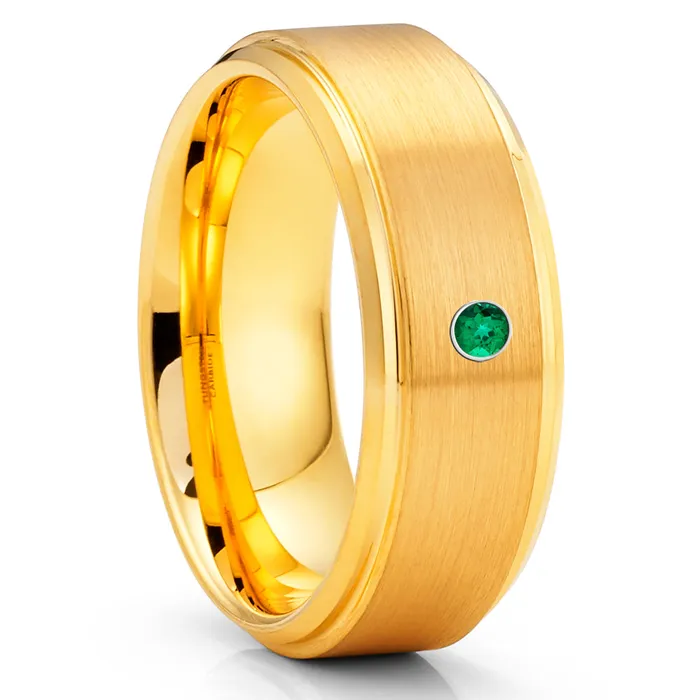 Yellow Gold Tungsten Ring Emerald Wedding Ring Tungsten Ring Engagement Ring Band Clean Casting Jewelry Rings