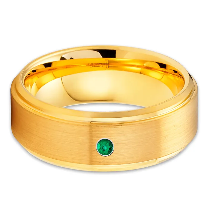Yellow Gold Tungsten Ring Emerald Wedding Ring Tungsten Ring Engagement Ring Band Clean Casting Jewelry Rings